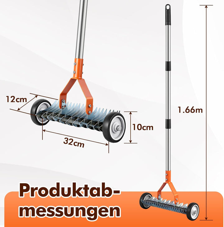 Vertikutierer Rechen mit Rädern,166cm Handvertikutierer,Manueller Vertikutierer mit Verstellbarer St
