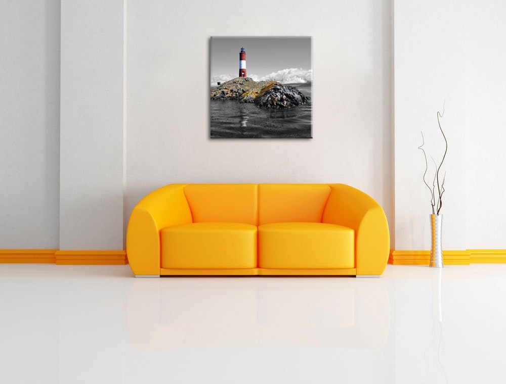Pixxprint Leuchtturm mit Robben auf Kleiner Insel im Meer Schwarz/Weiss, Format: 70x70 auf Leinwand,