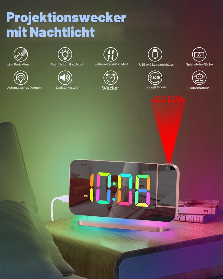 SZELAM Projektionswecker - 7.4" LED Spiegel Digitaluhren Projektion an Deckenwand mit RGB Nachtlicht