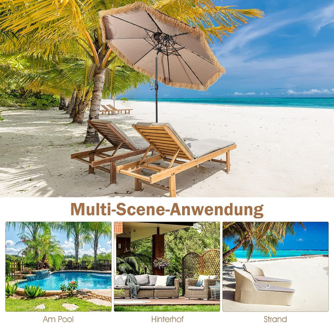 GOPLUS Sonnenschirm Hawaii, Ø 270 cm Sonnenschirm Stroh um 30° knickbar, Strandschirm mit Kurbel, St