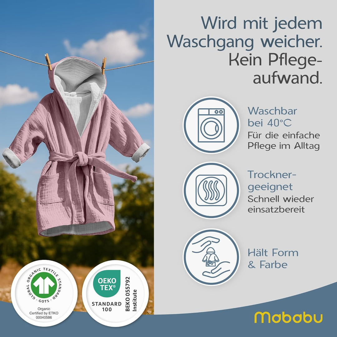 Mababu Bademantel Kinder mit Kapuze | 100% Bio-Baumwolle GOTS Zertifiziert | Premium Musselin Kinder
