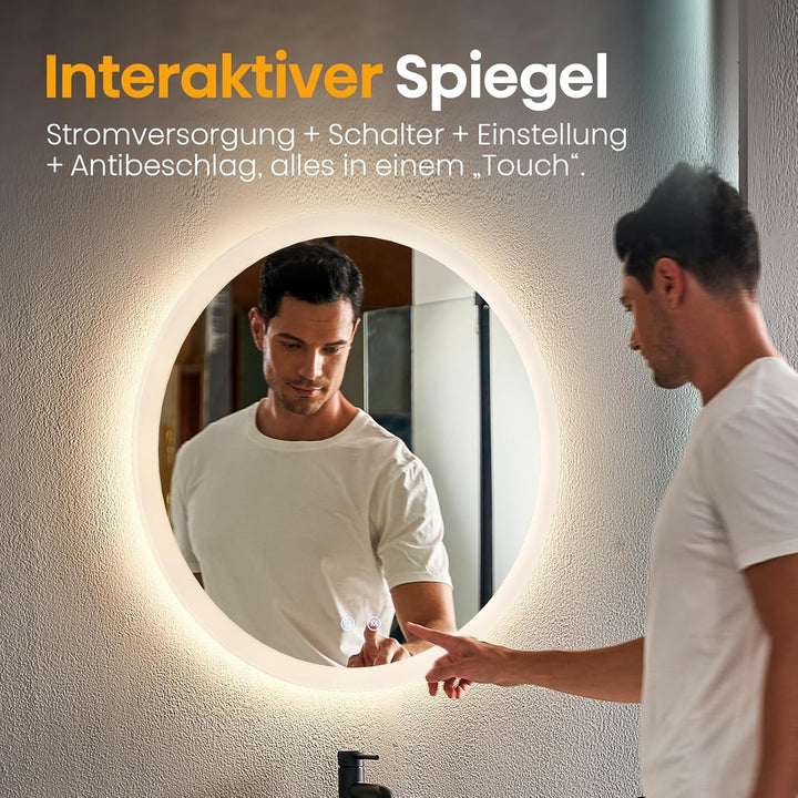 EMKE Badspiegel mit Beleuchtung Rund 50cm LED Spiegel mit Beleuchtung Dimmbar 3 Lichtfarben, Beschla