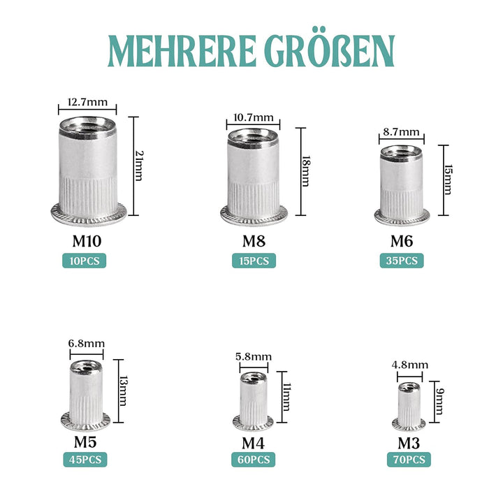 Jayzuum 235 Stück Nietmuttern Sortiment Set, M3 M4 M5 M6 M8 M10 A2-70 Edelstahl Zugnietmutter Rivet
