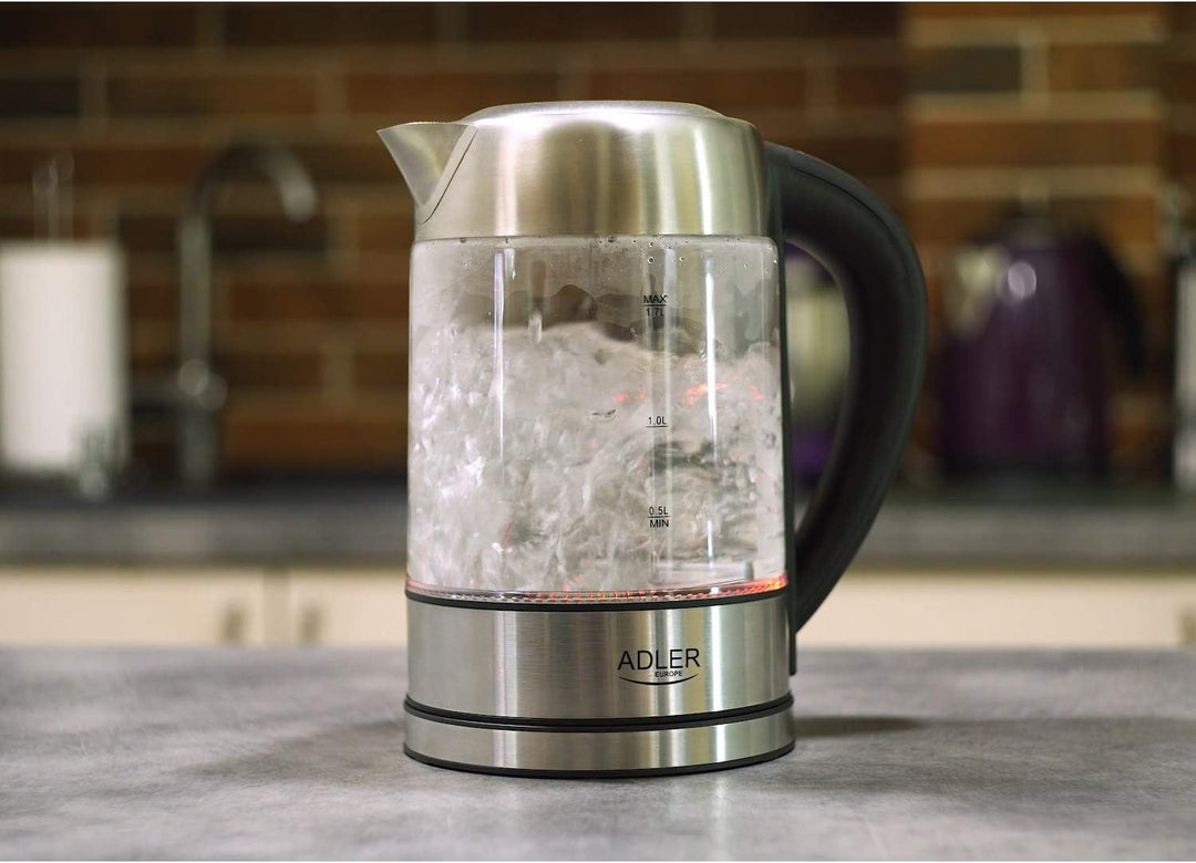 Adler AD 1247 Wasserkocher aus Edelstahl und Glas, 1,7L, 2200 W, digitaler Glaswasserkocher mit Temp