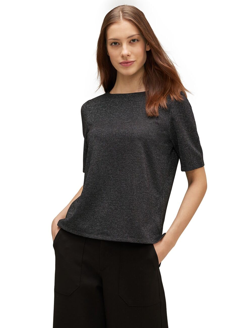 Street One Damen Glitzer Kurzarmshirt 36 Schwarz, 36 Schwarz