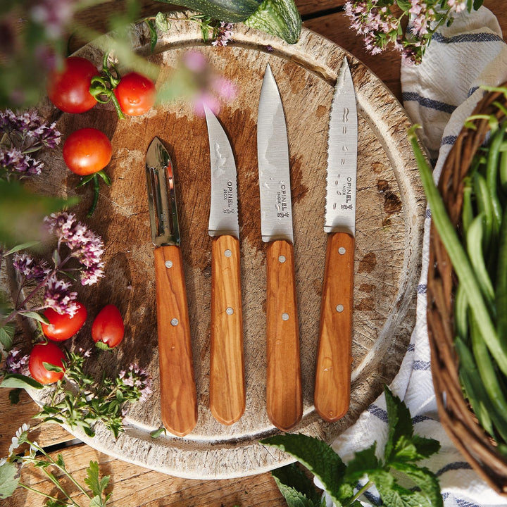 Opinel 254458 Essentials Küchenmesser Set-4 teilig-rostfreier Sandvik Stahl-Olivenholz Griffe, Mehrf