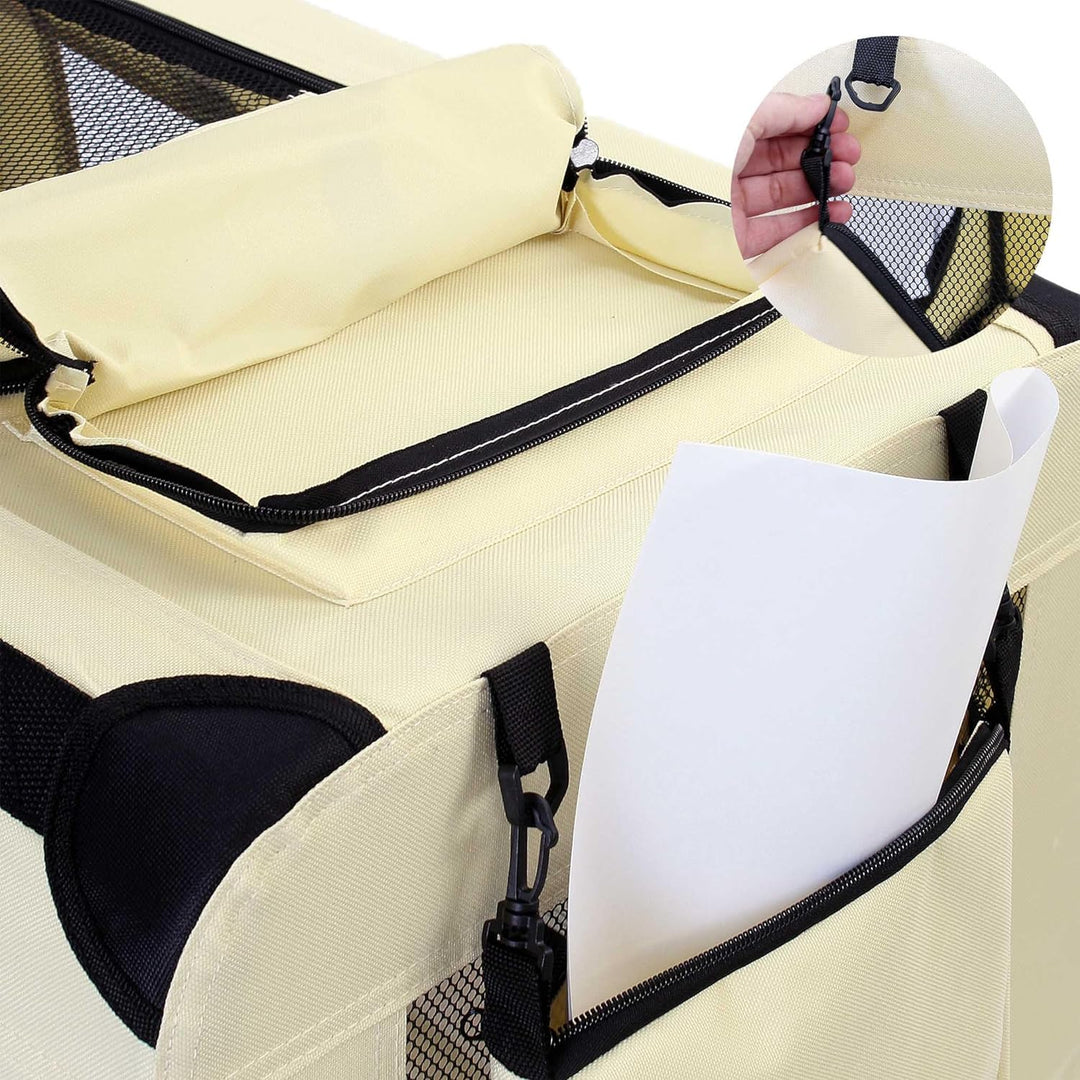 Fudajo Faltbare Transportbox in Beige für Haustiere, Grösse XL (80x58x56cm), Tragegriff, Liegedecke