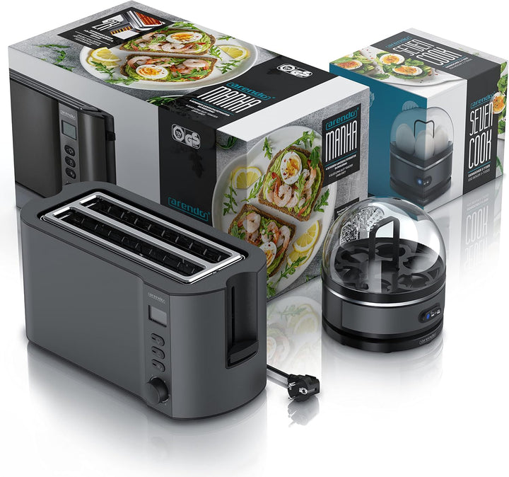 Arendo - SET Toaster MANHA mit Eierkocher SEVENCOOK Edelstahl Grau, Toaster 4 Scheiben, LED-Display,