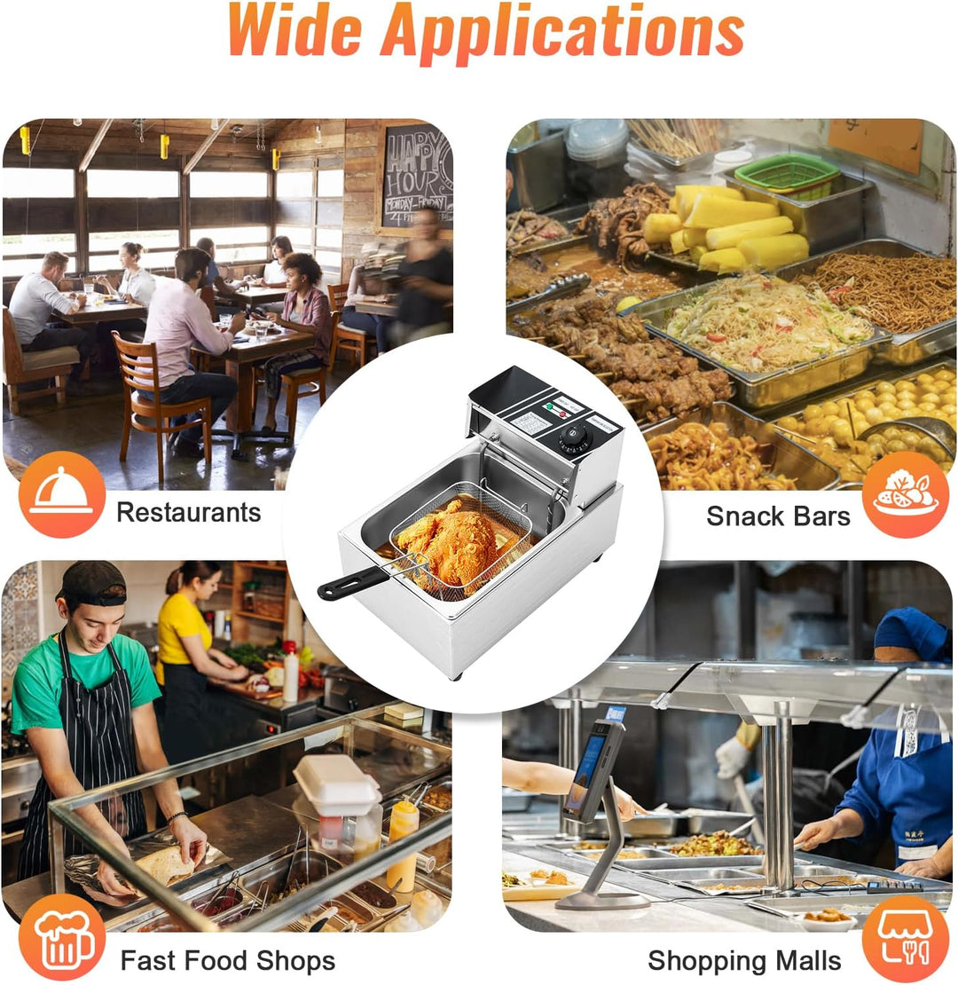 6L Elektrische Fritteuse, mit Korb und Deckel Edelstahl Friteuse, Deep Fryer 60-200℃ Einstellbare, A