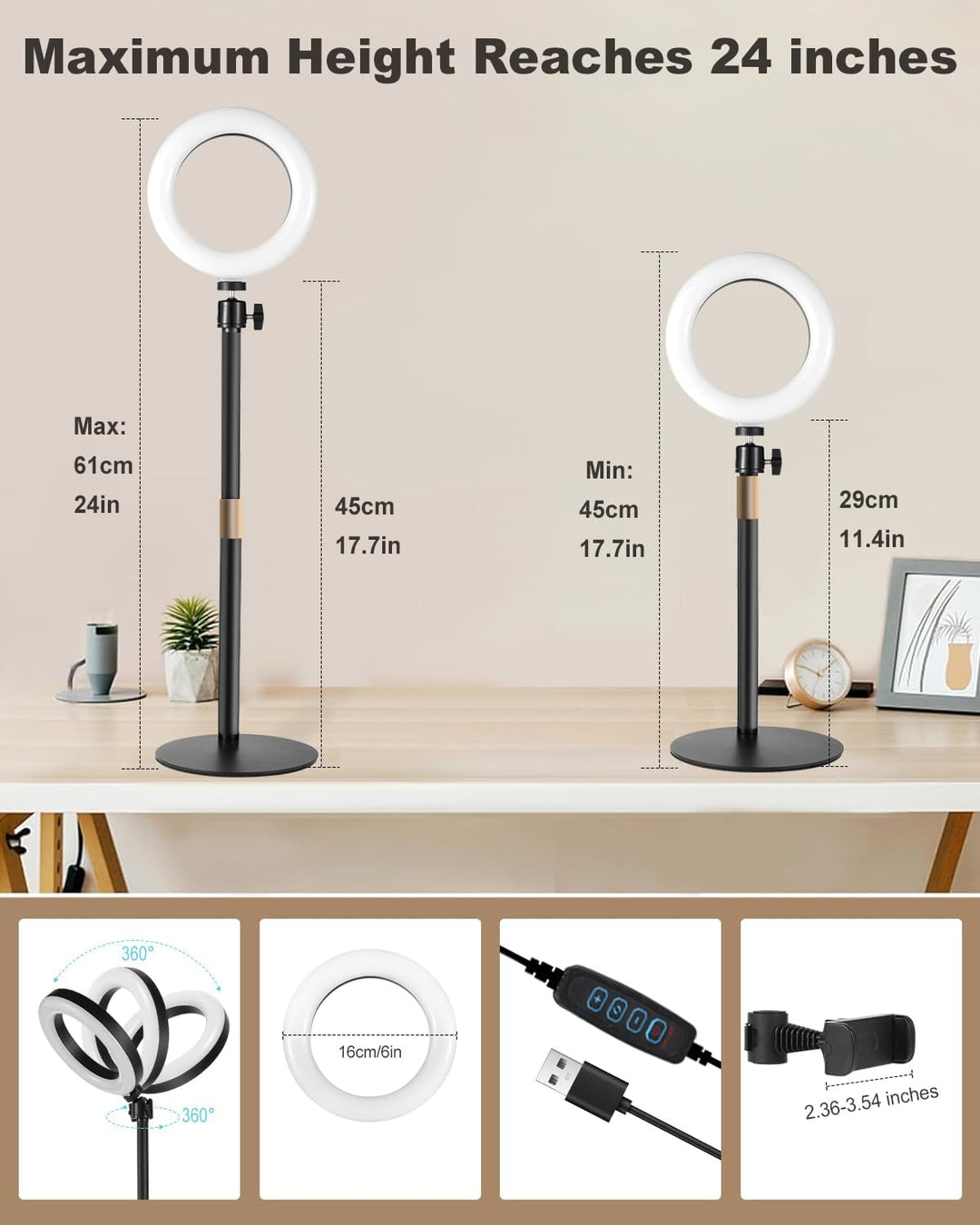 Railee Ringlicht mit Stativ Handy Laptop Videokonferenz Licht mit Klemme 6 Zoll Tisch LED Ring Light