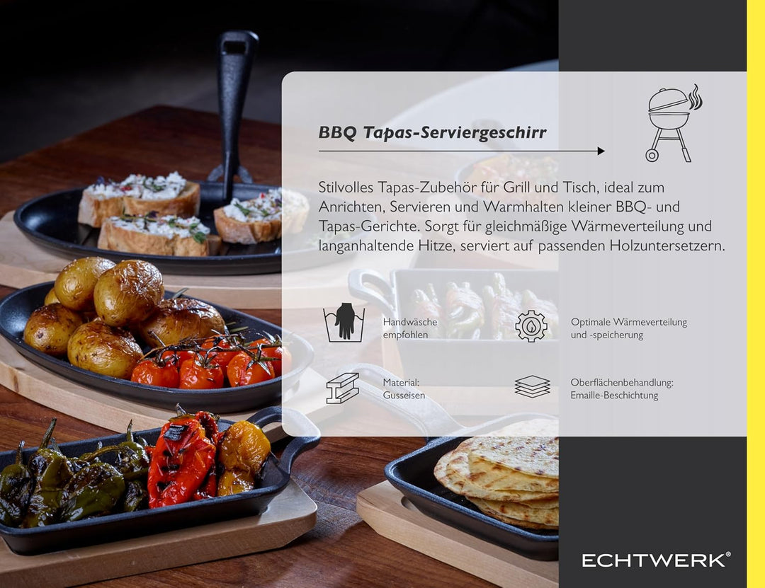 ECHTWERK Servierpfanne aus Gusseisen, Mini Pfännchen mit Servierbrett, Kleine Grillpfanne, Bereits e