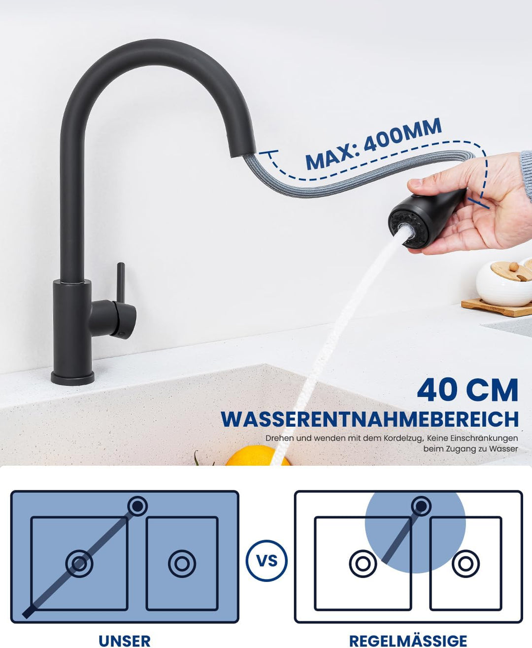 CECIPA Küchenarmatur &amp; Spülbecken Set Schwarz 60×49 cm, Ausziehbarer Wasserhahn Küche mit 360° Drehf