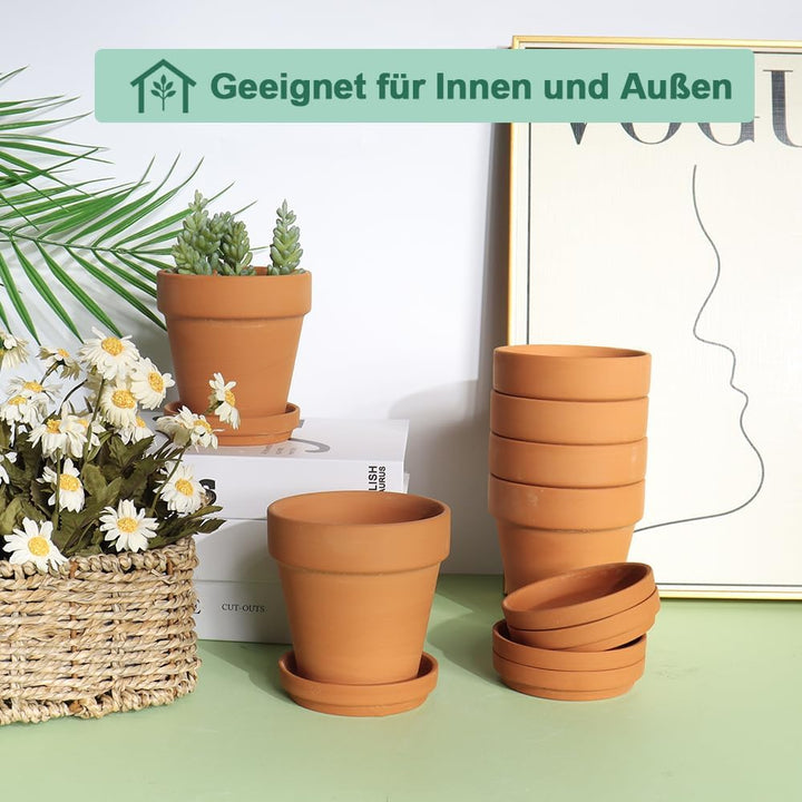 vensovo 10cm Terrakotta-Töpfe mit Untertasse - 6er-Pack Tonblumentöpfe mit Drainage, ideal für Pflan