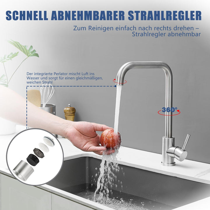 GENBONS Wasserhahn Küche, Küchenarmatur aus Edelstahl, 360° drehbarer L-förmiger Einhebelmischer, Ei