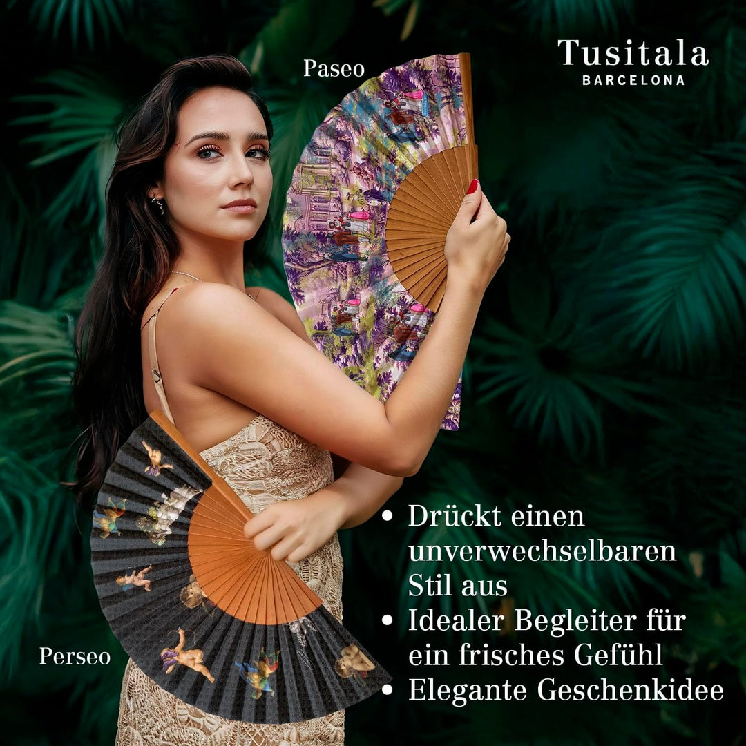 Spanischer Handfächer Paseo – Holz und Baumwolle – 23 cm – Etui und Bezug aus Jute – Modeaccessoire