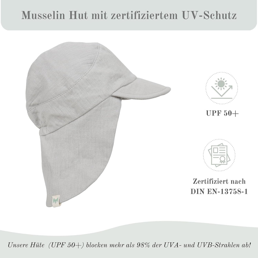 Musselin Schirmütze Sonnenhut mit Nacken- und Ohrenschutz UV-Schutz (UPF 50+) für Babys und Kinder -