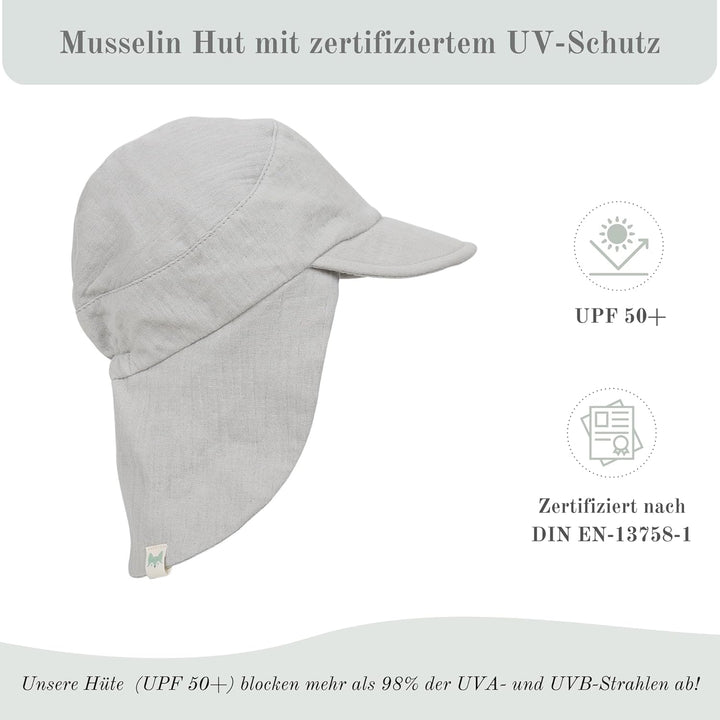 Musselin Schirmütze Sonnenhut mit Nacken- und Ohrenschutz UV-Schutz (UPF 50+) für Babys und Kinder -