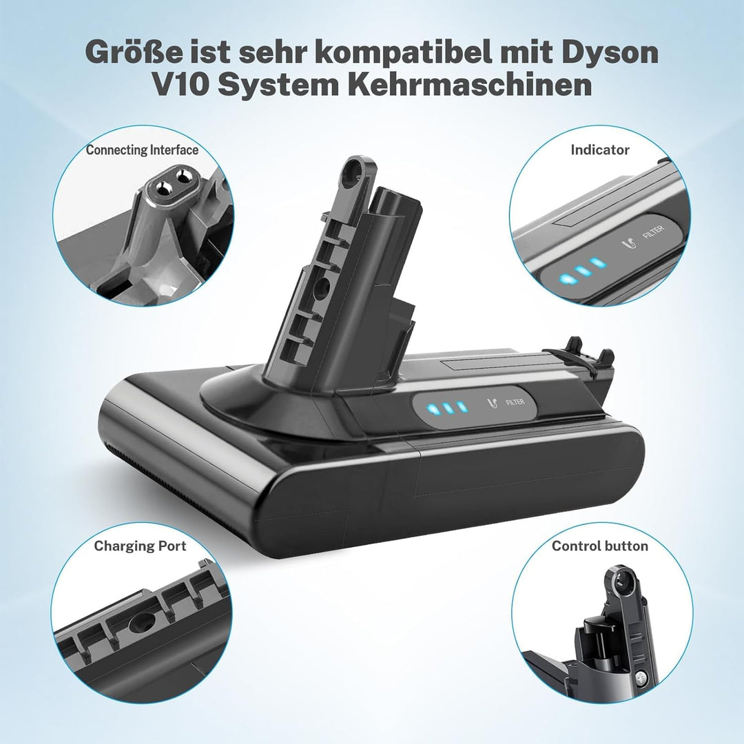 7200mAh, Akku für Dyson V10 Cyclone/Animal/Absolute/Fluffy/Motorhead SV12 kabellos Ladegerät Handsta