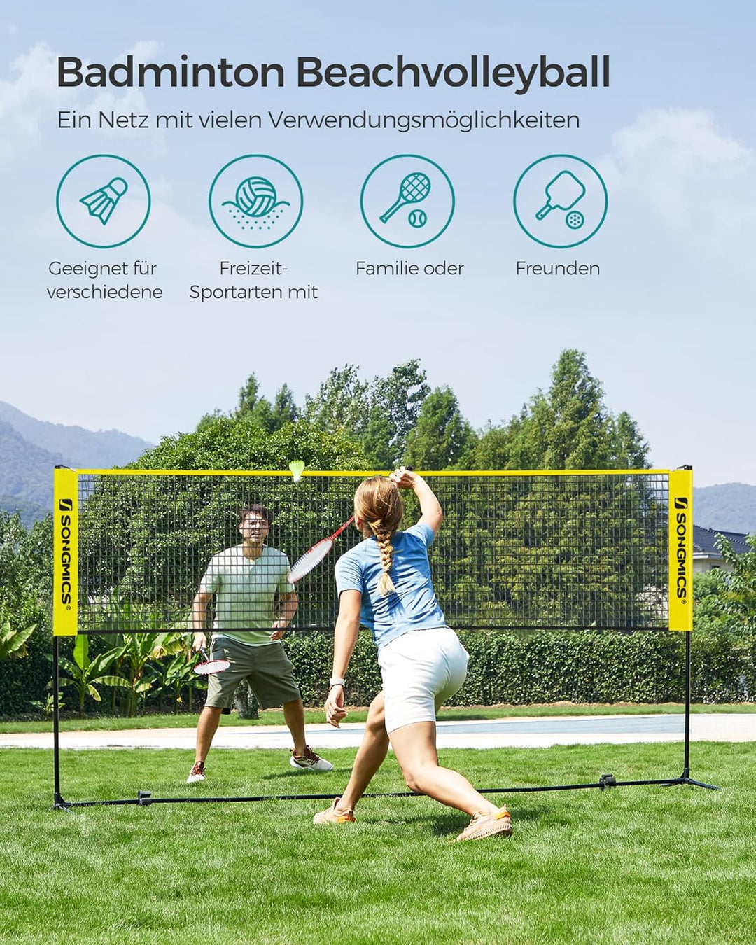 SONGMICS 300 cm/400 cm/500 cm Badmintonnetz, Volleyballnetz, höhenverstellbare Stangen, tragbares Se