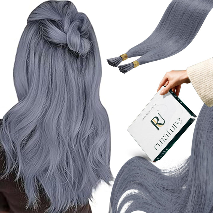 RUNATURE Bonding Extensions Echthaar Lang 55cm GrauBlau Extensions Echthaar Bonding 25 Strähne 25g G
