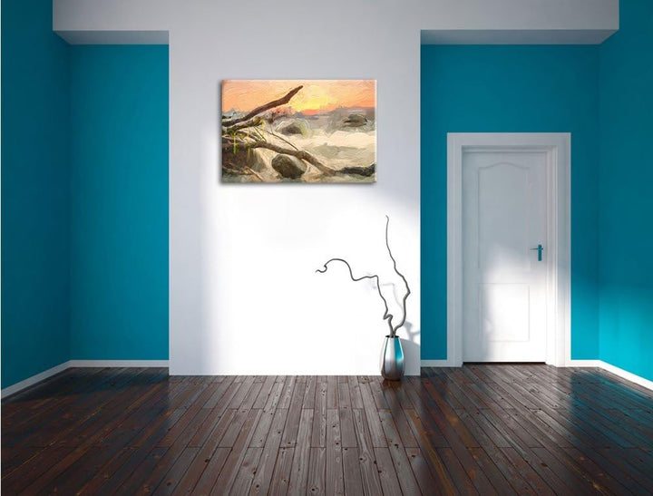 Pixxprint Ruhige See im Nebel als Leinwandbild/Grösse: 100x70 cm/Wandbild/Kunstdruck/fertig bespannt