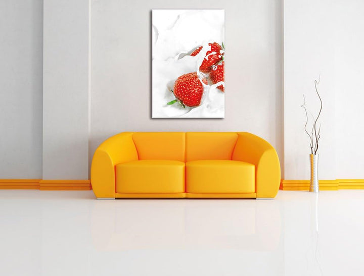 Pixxprint Erdbeeren Erdbeermilch als Leinwandbild/Grösse: 100x70 / Wandbild/Kunstdruck/fertig bespan