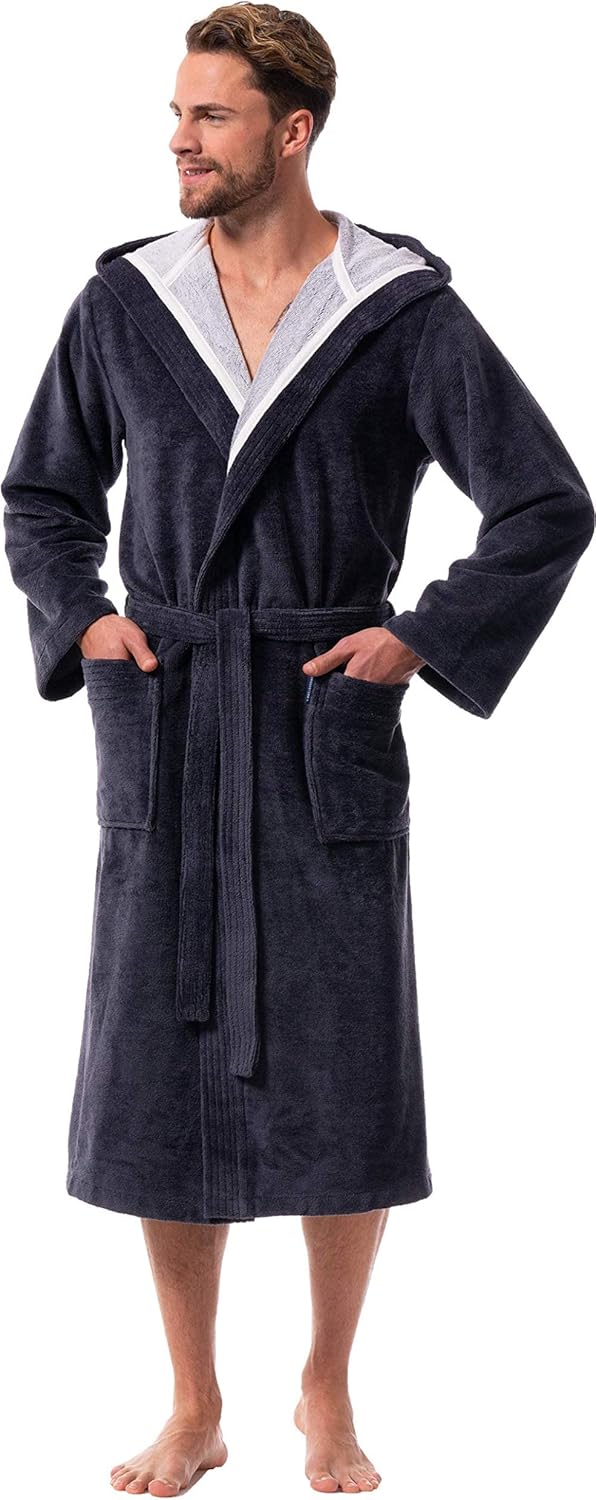 Morgenstern Bademantel Herren mit Kapuze Luxus Frottee Velours Lang L Grau, L Grau