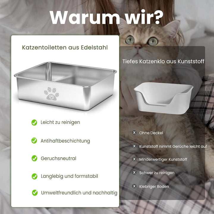 PTLOM Lebensmittelgrade Katzenklo Edelstahl Katzentoilette - Katzenklo Offen Gross Mit Niedrigem Ein