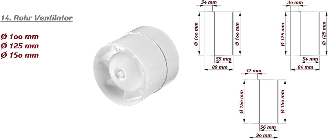 MKK Kanal Rohrventilator Ø 150 mm Kugellager Rohreinschub Ab-Zuluft Lüfter Rohr Ventilator leise Roh