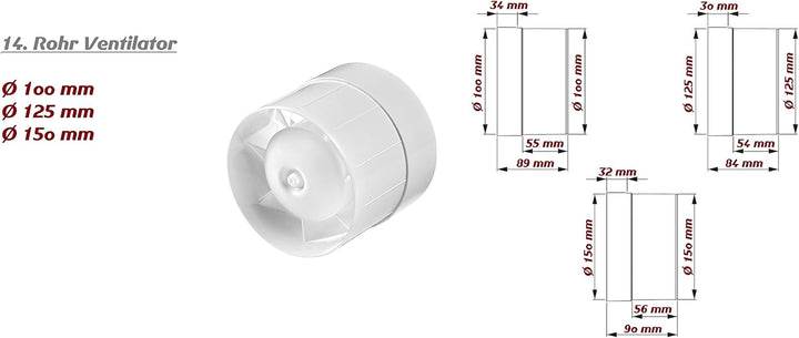 MKK Kanal Rohrventilator Ø 150 mm Kugellager Rohreinschub Ab-Zuluft Lüfter Rohr Ventilator leise Roh