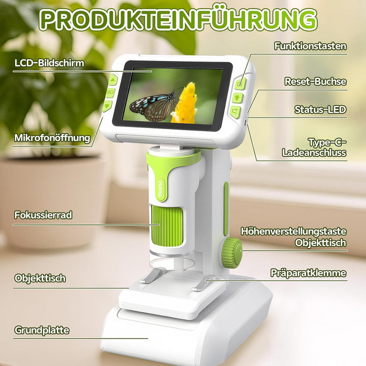 Mikroskop für Kinder, Digitales Mikroskop mit 4 Zoll LCD-Display und 1600X Grosse Vergrösserung, Mic