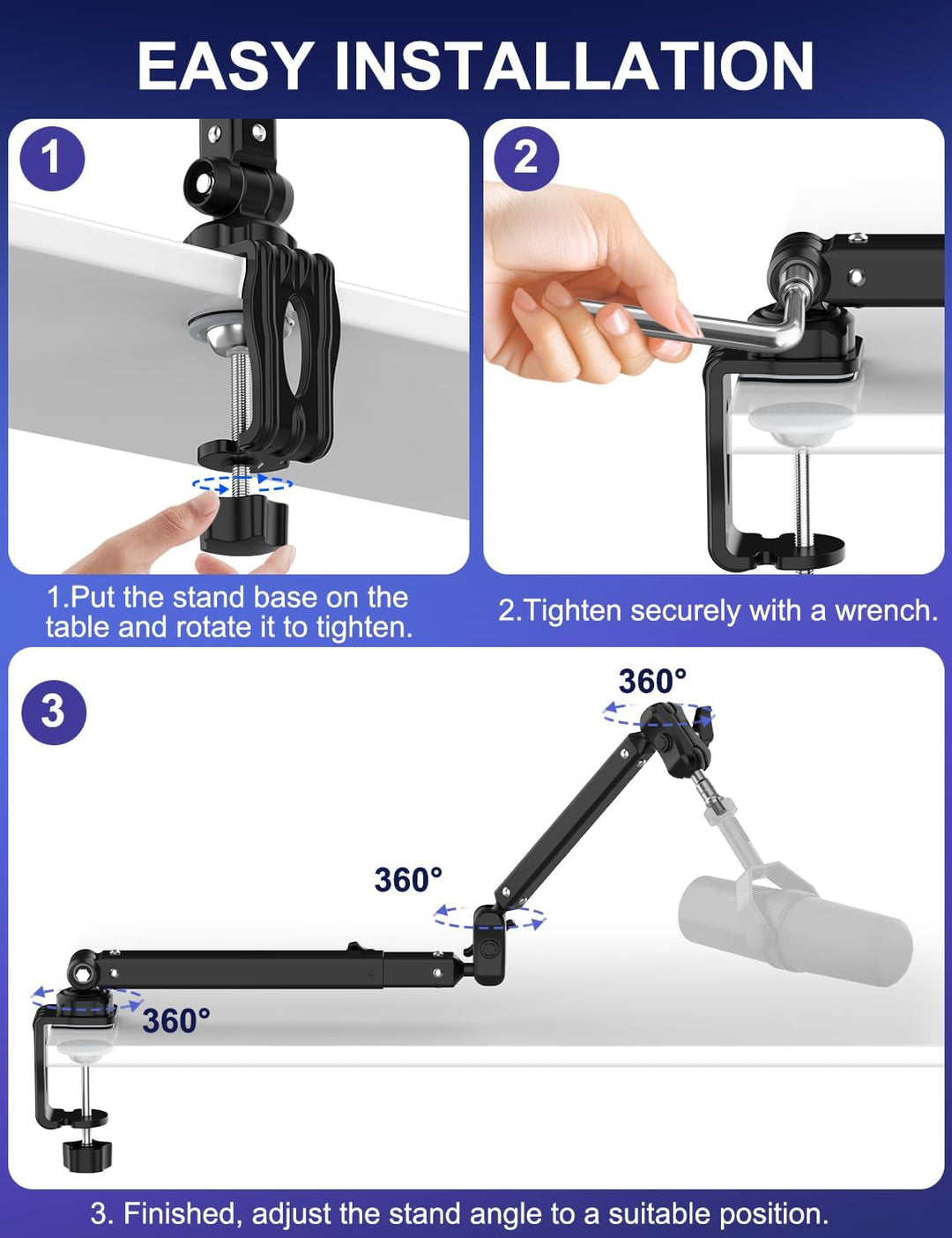 Kairiyard Mikrofonarm Boom Arm,Flach Verstellbarer Stangen Mikrofon Ständer mit Mikrofonclip,360° dr
