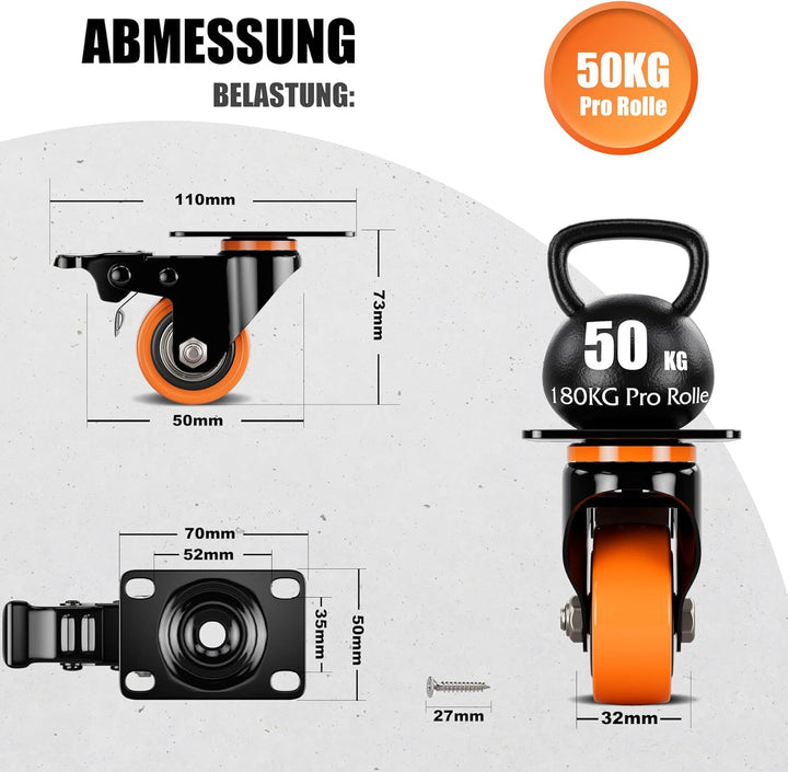 4 Stück Möbelrollen Ø50mm mit Bremsen inkl. Montagezubehör Lenkrollen Transportrollen 360° Drehung b