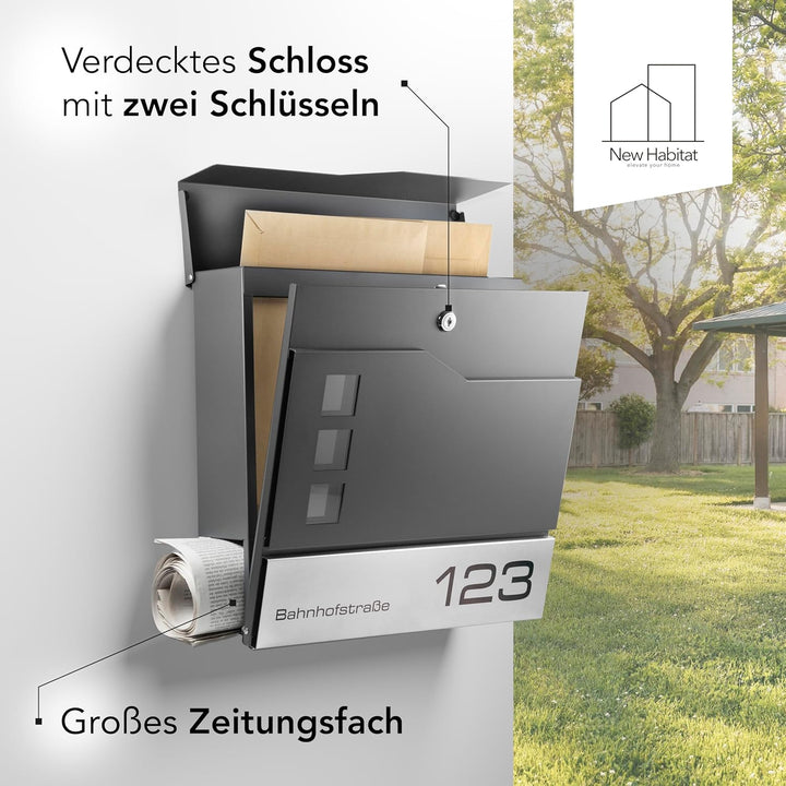 Moderner Briefkasten Personalisierbar Oslo Anthrazit RAL7016 - mit Zeitungsfach - Wandbriefkasten mi