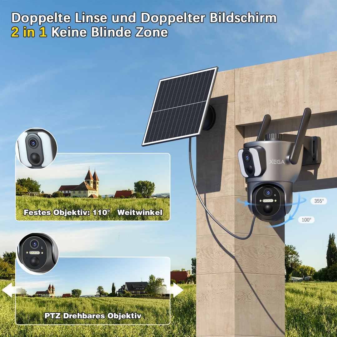 Xega 4G LTE【Doppelte Linse】 Überwachungskamera Aussen mit SIM Karte,14400mAh Akku 2K PTZ Kabellos So