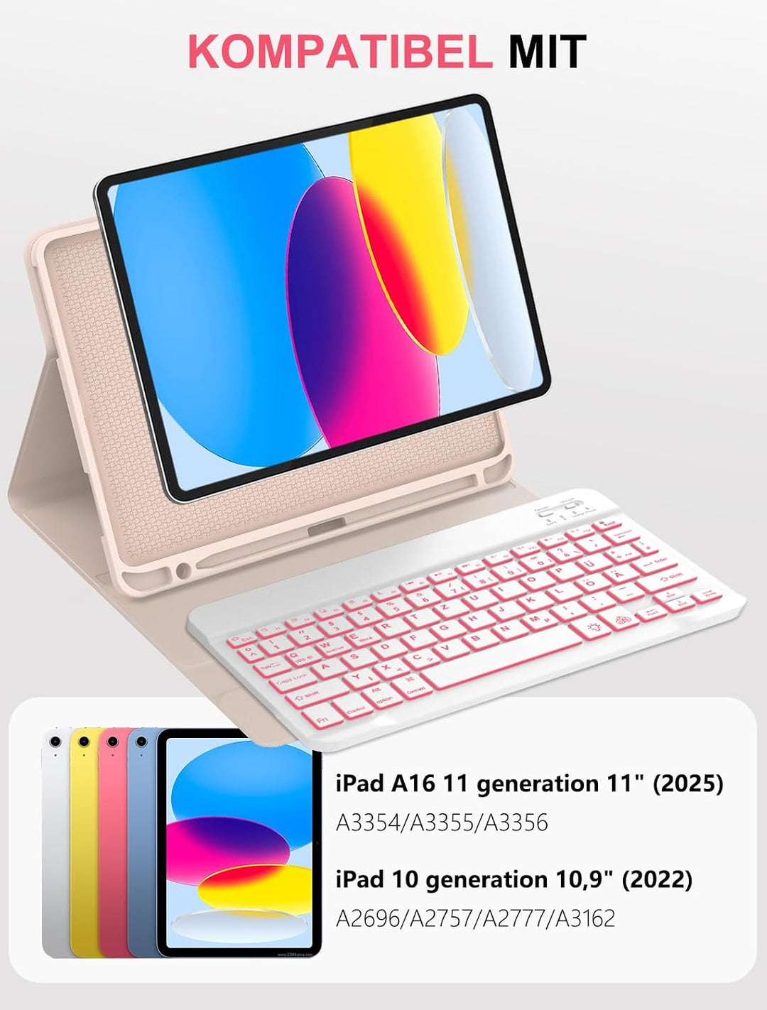 JADEMALL Für iPad 11 Gen Hülle mit 7-Farb-Backlight Deutsch Bluetooth Tastatur für iPad A16 (2025) &