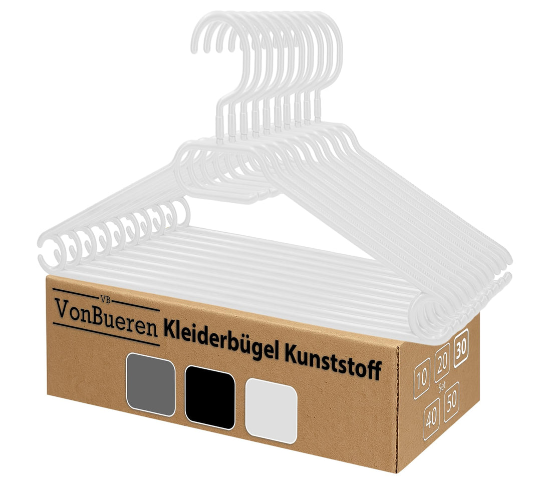 30 x Kleiderbügel weiss Plastik VonBueren | mit 360° Drehhaken | platzsparend | 100% Recyclingkunsts