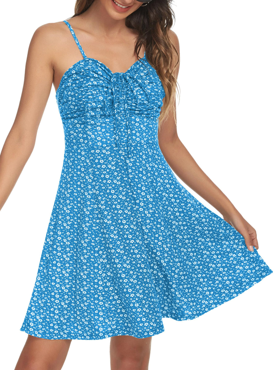 Missufe Damen Sommerkleid Swing Blumenkleid Freizeitkleid Spaghettiträger Cami Kleider M Blau, M Bla