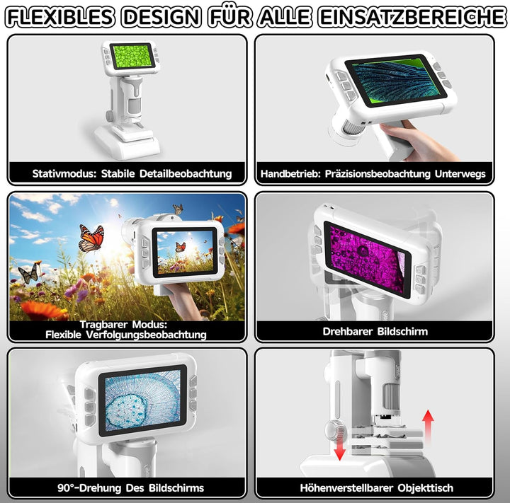 Mikroskop für Kinder, Digitales Mikroskop mit 4 Zoll LCD-Display und 1600X Grosse Vergrösserung, Mic
