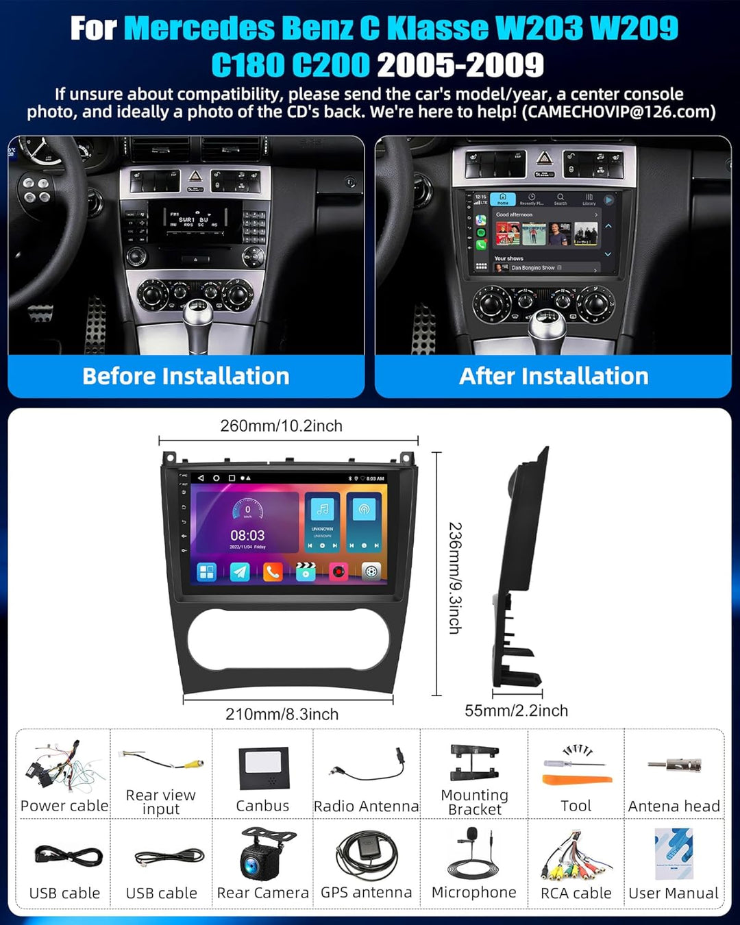 CAMECHO 2G+64G Android 15 Autoradio mit Carplay Navi für Mercedes Benz C Klasse W203 W209 C180 C200
