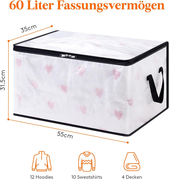 Lifewit 4 Stück Transparente Plastik Aufbewahrungstasche, 60L Kleideraufbewahrung Kleiderschrank Auf
