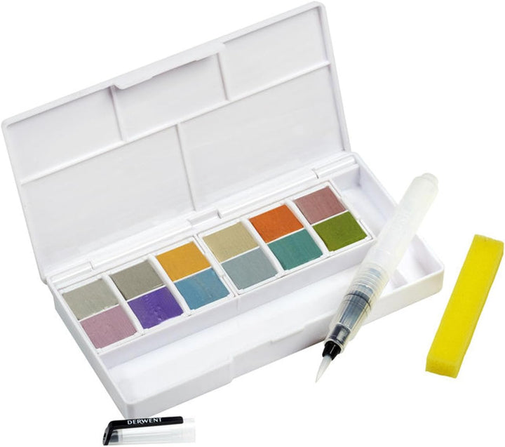Derwent Inktense Metallic Paint Travel Set Palette, Tragbare Palette mit 12 Farben, Wassertankpinsel