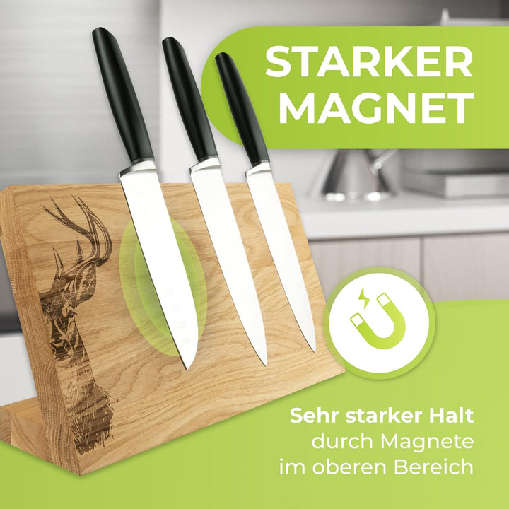 Messerblock mit Hirschmotiv Magnetisch Messerhalter Messerbrett Holz Eiche Edler Holzblock ohne Mess