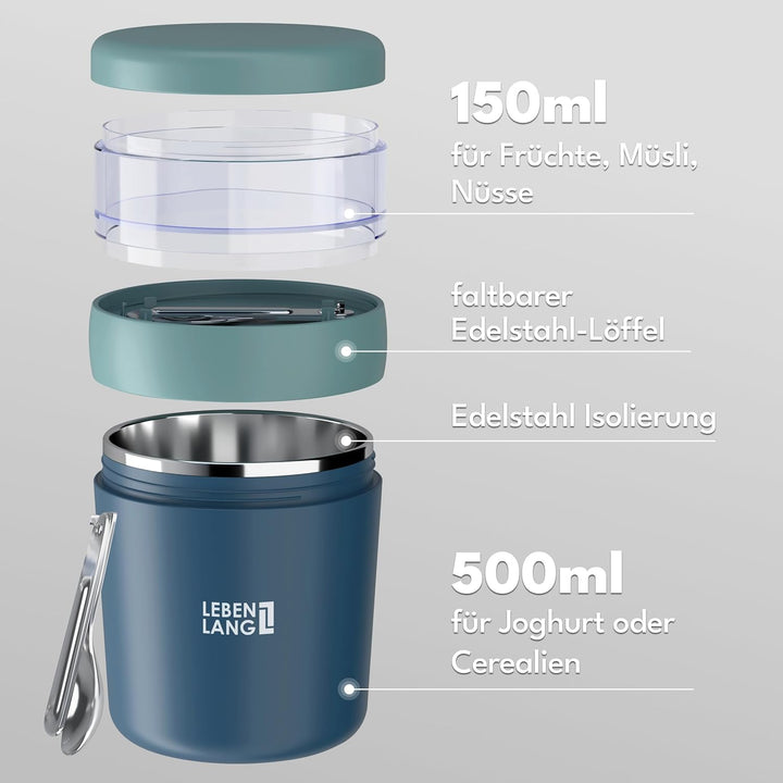 LEBENLANG Müslibecher To Go mit Löffel - Isolierende Edelstahlinnenwand & 650ml I Joghurtbecher to g