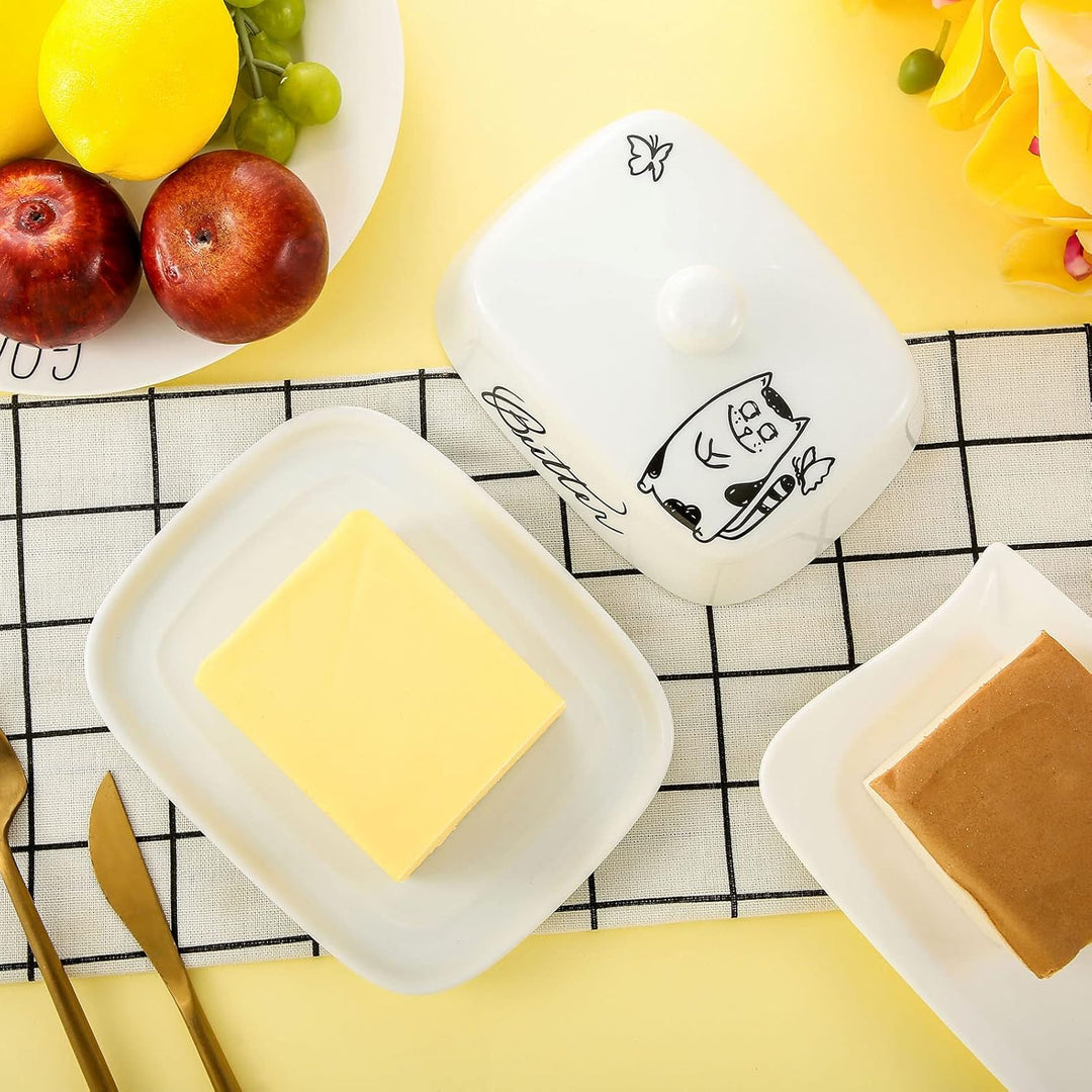 Butterdose mit Griff für 250g Butter, Hochwertige Keramik, Weiss mit Schwarzem Katzenmuster, Porzell