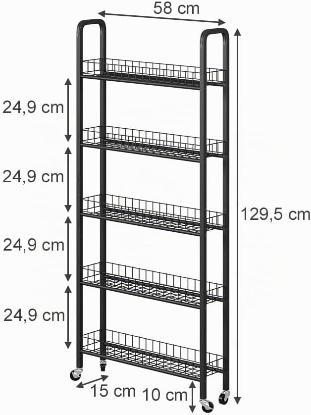 Vicco Rollregal Rolivo, Schwarz, 58 x 15 cm mit 5 Fächern, auf Rollen flexibel positionierbar für sc