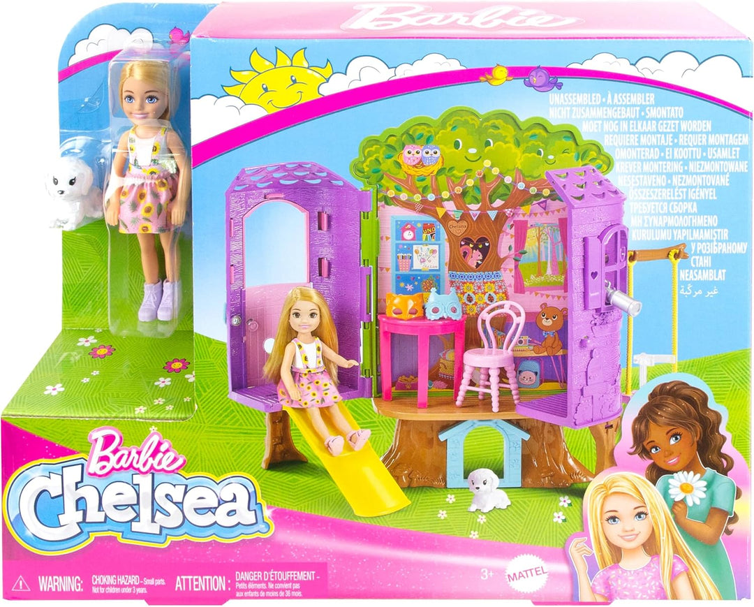 Barbie - Chelsea-Puppe und Baumhaus-Spielset mit Hündchen mit Möbeln, Rutsche und mehr als 10 Zubehö