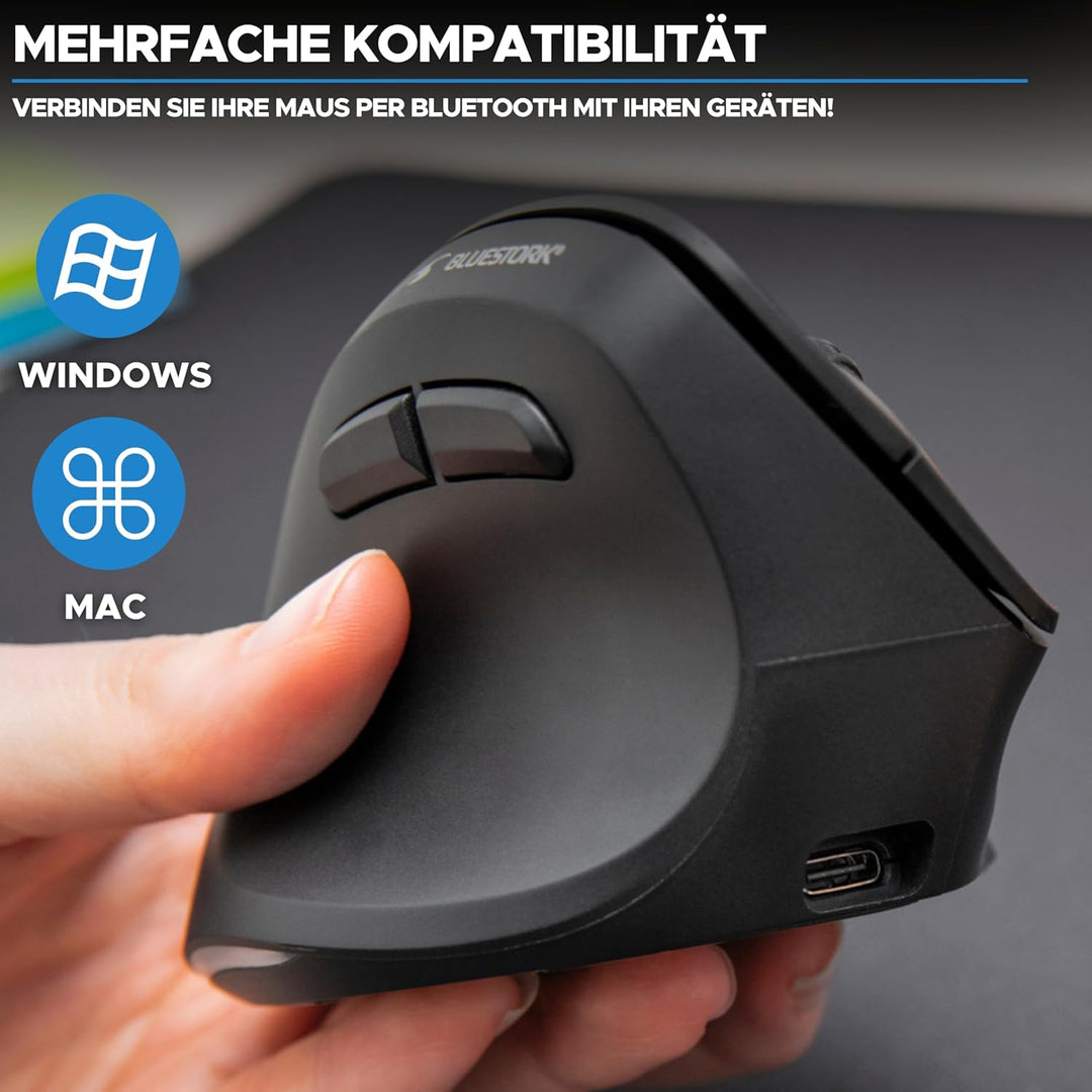 Bluestork - Ergonomische Vertikale Kabellose Maus 4800 DPI RGB Links | Kabellos 2.4GHz &amp; Bluetooth,