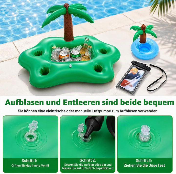 MINGBOLIN Aufblasbarer Getränkehalter Poolbar Set 5 Stück Pool Getränkehalter mit 2 Mini-Palmen &amp; 2