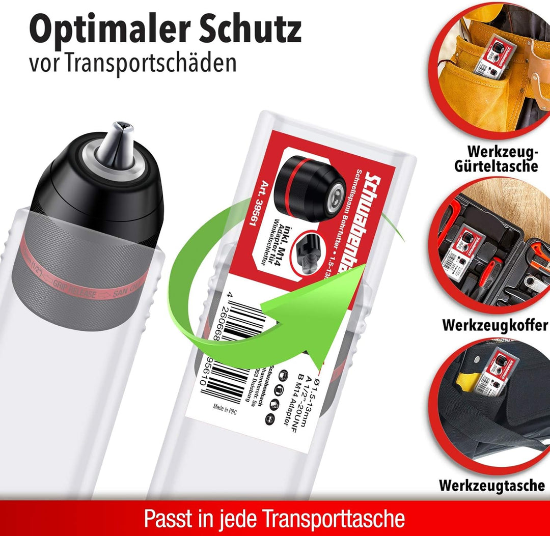SCHWABENBACH ® 1,5-13mm Schnellspannbohrfutter 1/2-20UNF inkl. M14 Adapter für Winkelschleifer - Sch